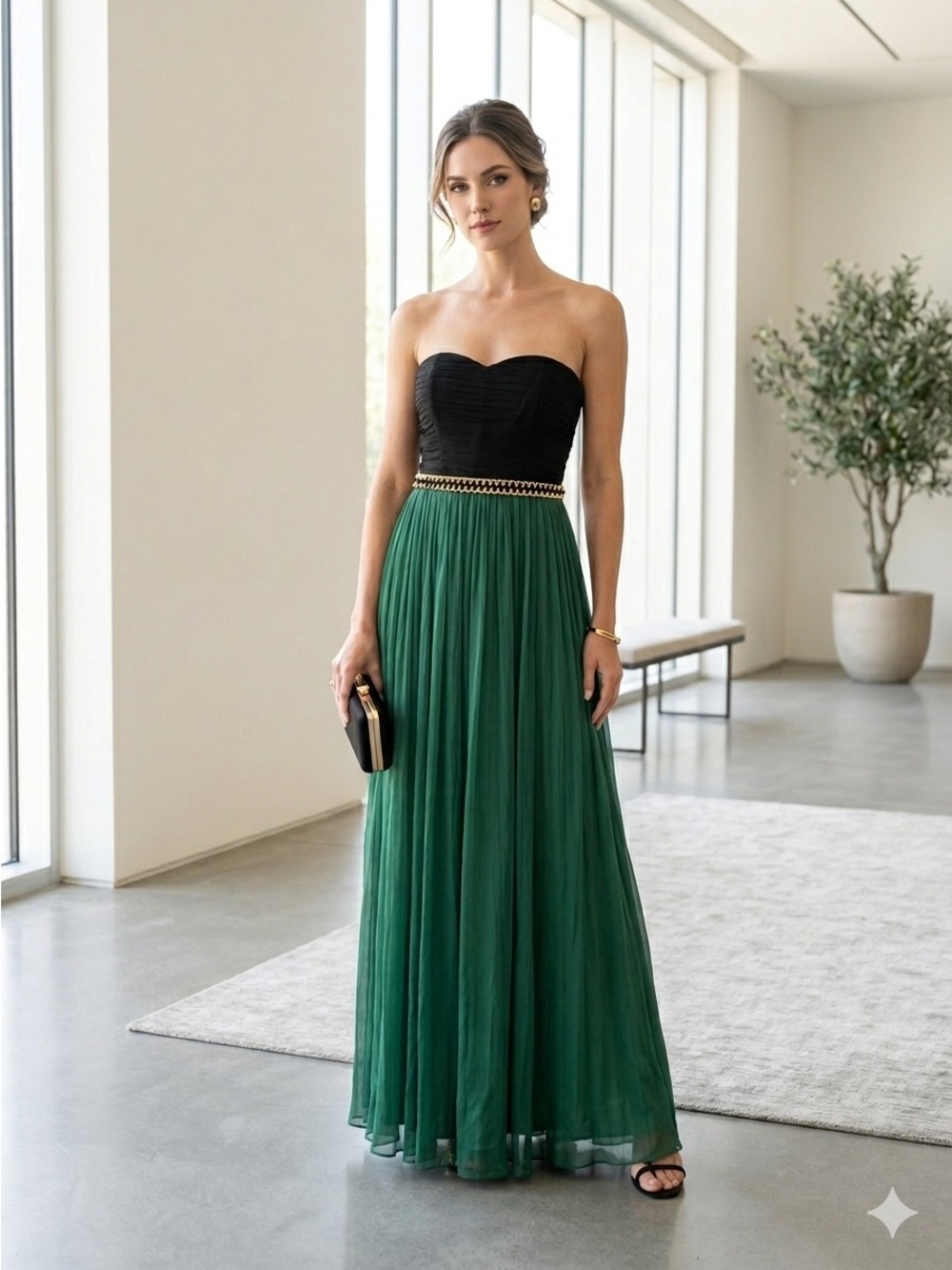 NISSA Black & Emerald Green Colorblock Silk Gown with Gold Chain Detail - US 6